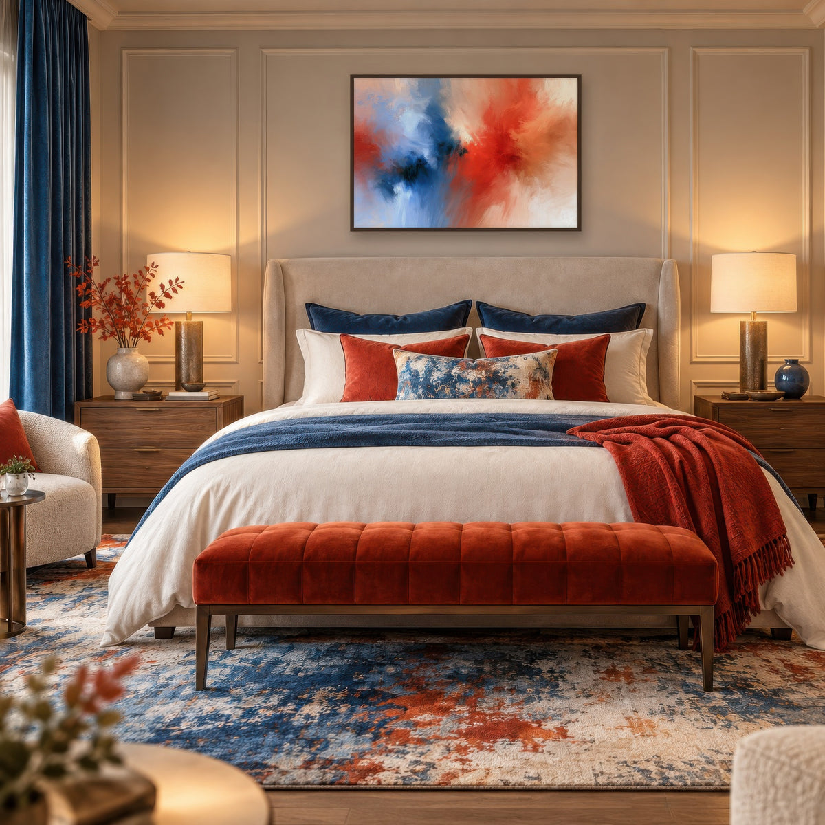 Red and Navy Burst abstract wall art in a bedroom