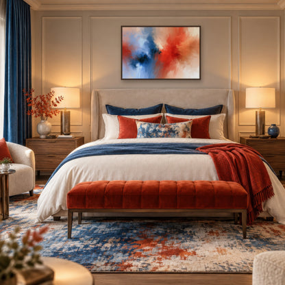 Red and Navy Burst abstract wall art in a bedroom