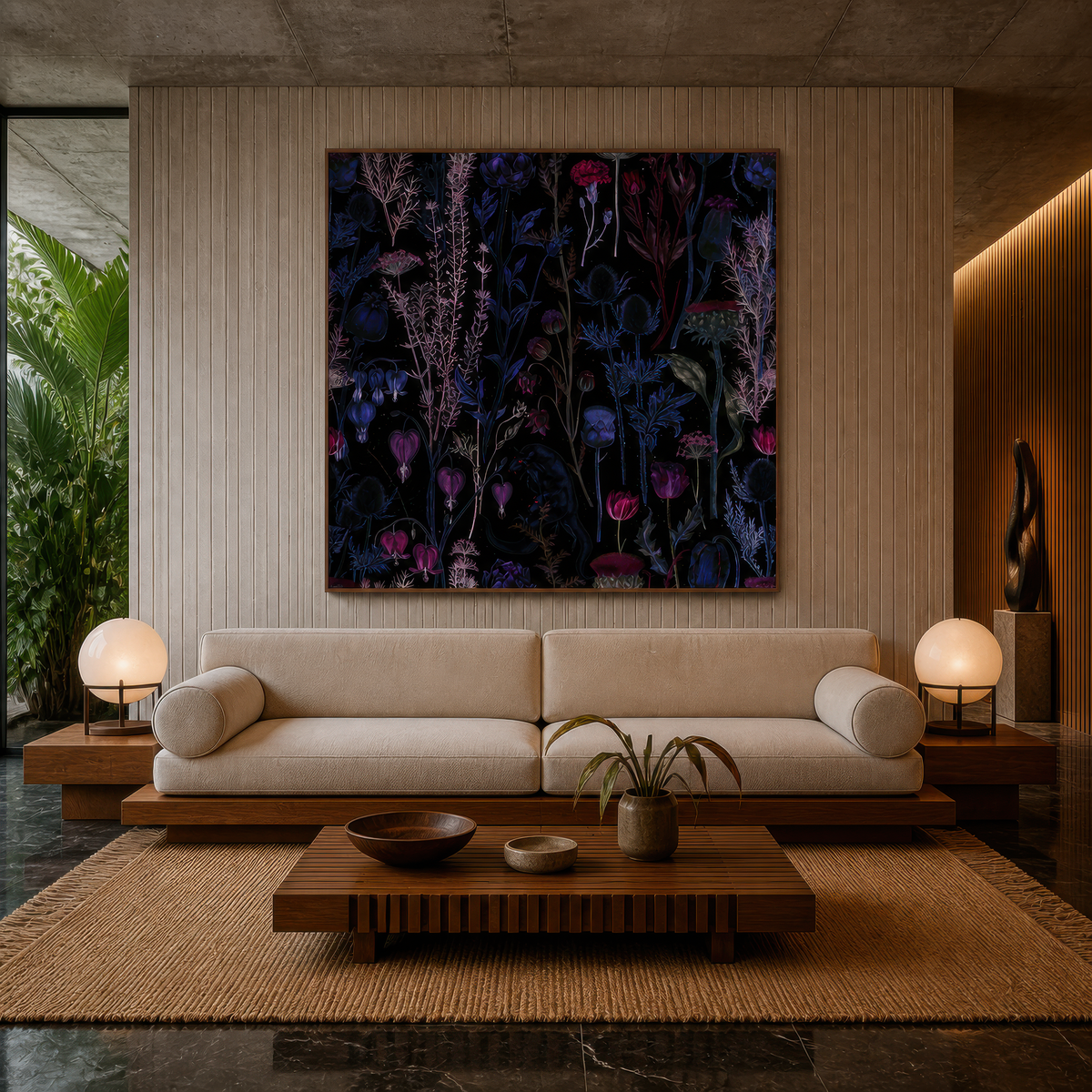 Tall Dark Wildflower Illustration wall art print, alternate room view