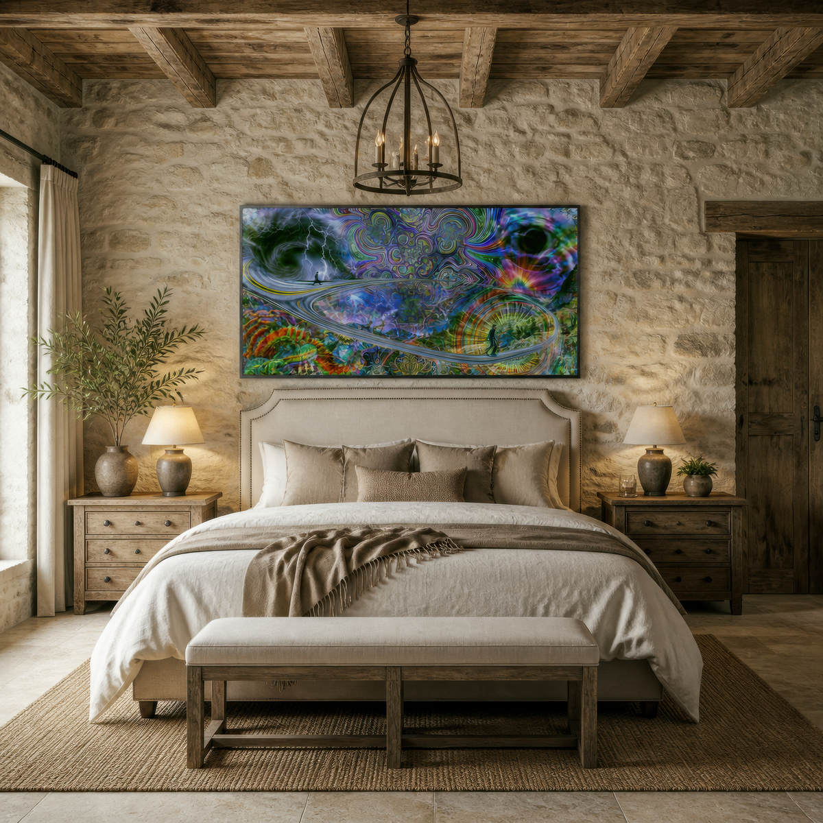 Psychedelic storm spiral above a wooden bed with cream bedding on a rough stone wall