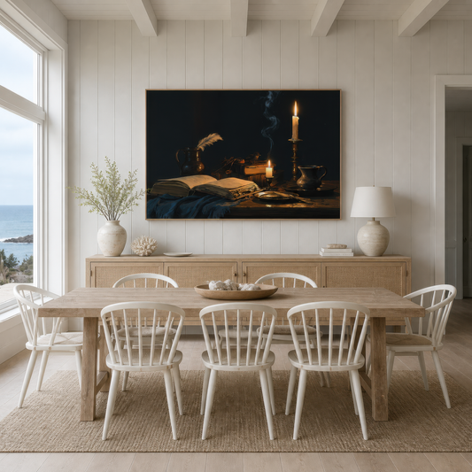 Brass and ink above a pale wood dining table with white spindle chairs on white shiplap