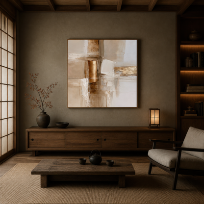 Square copper and cream abstract artwork above a low wooden media console beside a shoji screen
