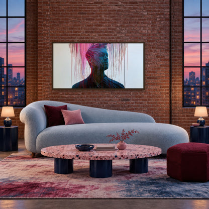 Color Drip Portrait in Red and Blue abstract portrait wall art in a living room