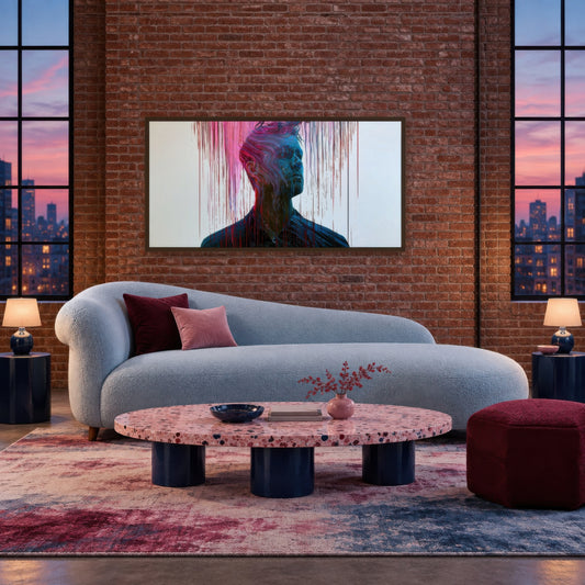 Color Drip Portrait in Red and Blue abstract portrait wall art in a living room