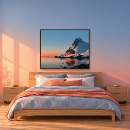 Fjord Cabin at Sunrise scandinavian wall art in a bedroom