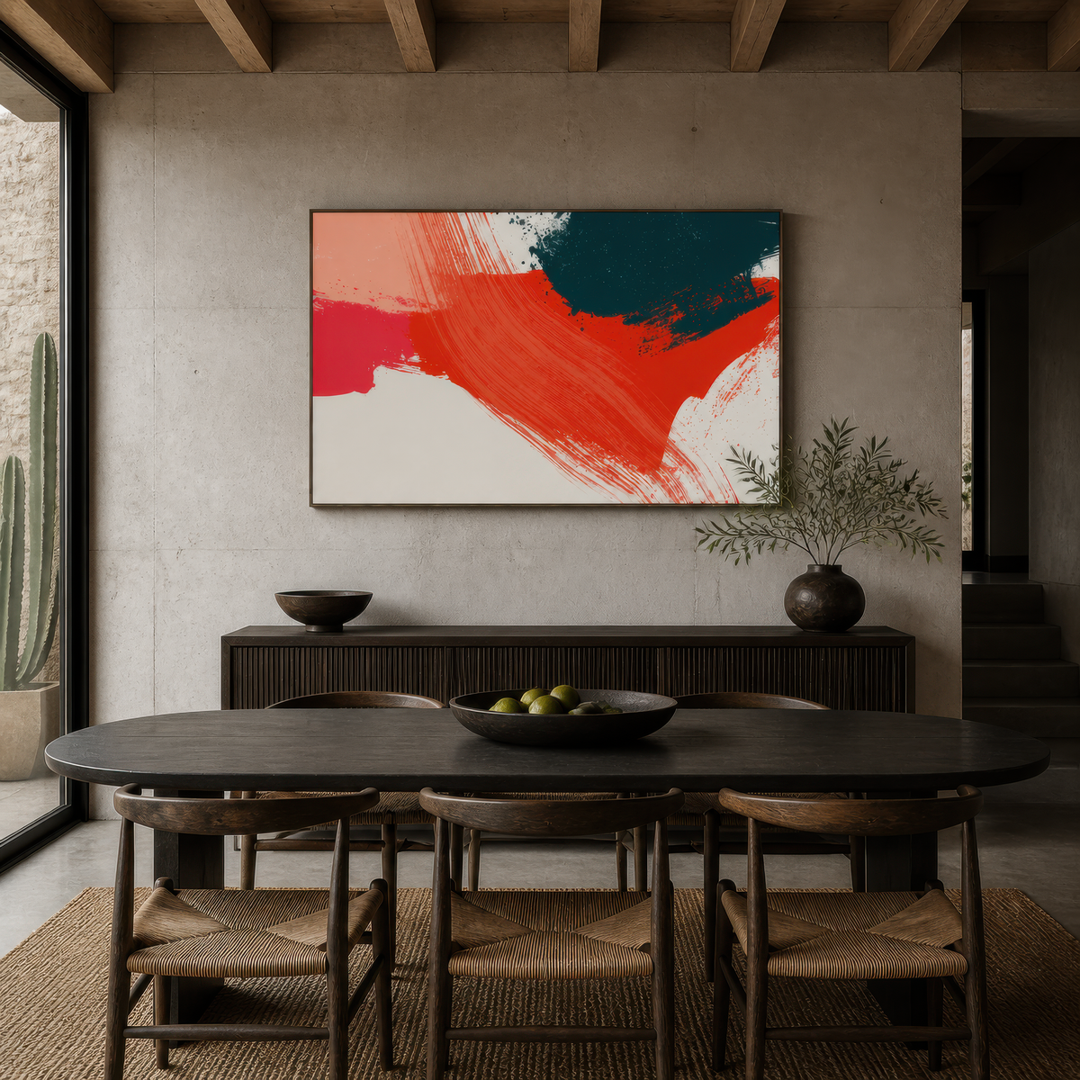 Large red-orange and teal brushstroke abstract artwork above a sideboard in a dining room with a dark oval table