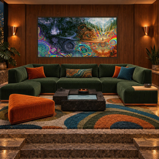 Winter to Summer Crossing psychedelic wall art in a living room