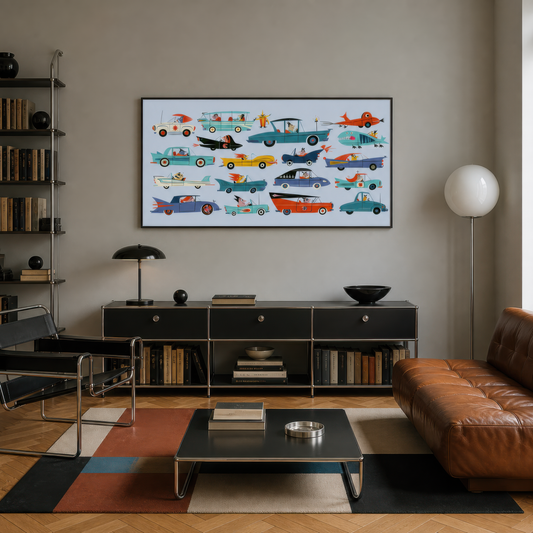 Whimsical Retro Cars Illustration wall art print, alternate room view