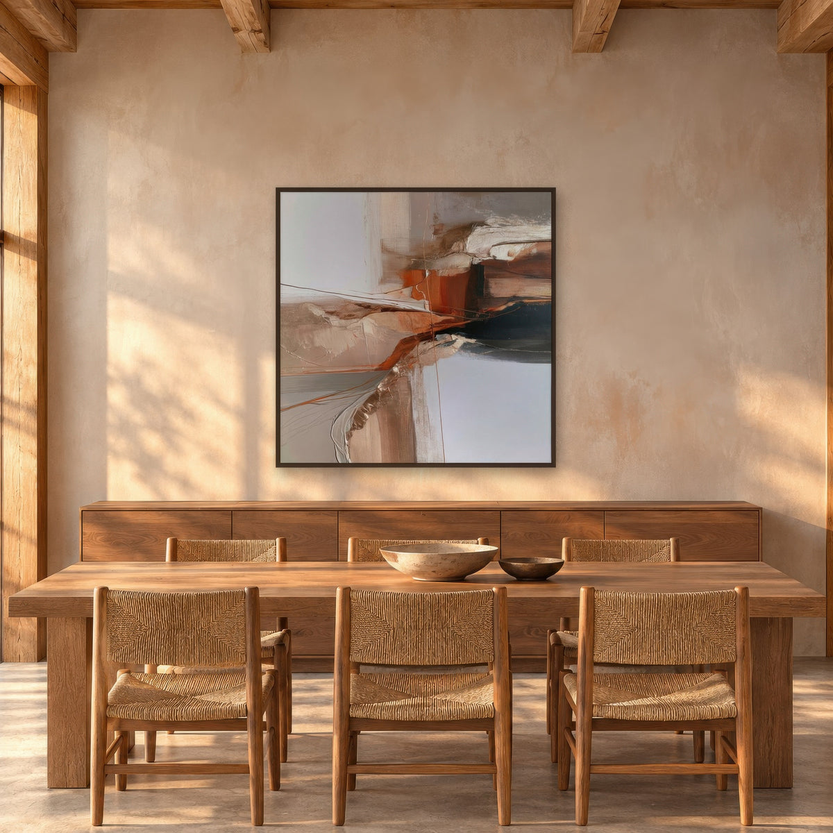 Diagonal Ridge in Rust and Slate earthy abstract wall art in a dining room