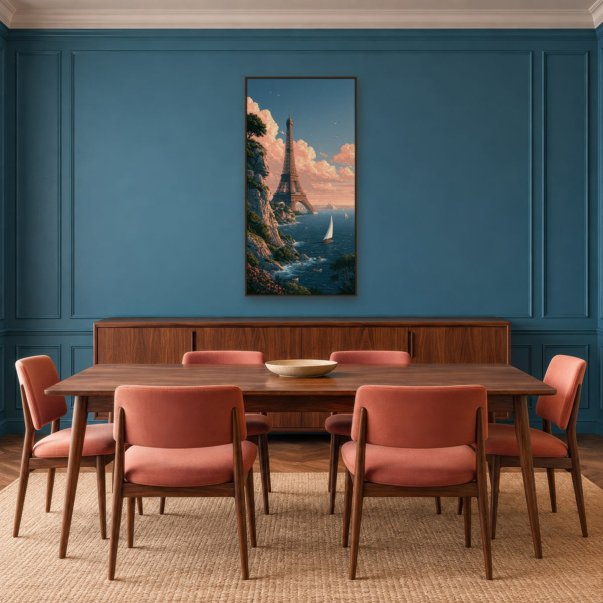 Eiffel Tower Sea Cliff Illustration travel wall art in a dining room