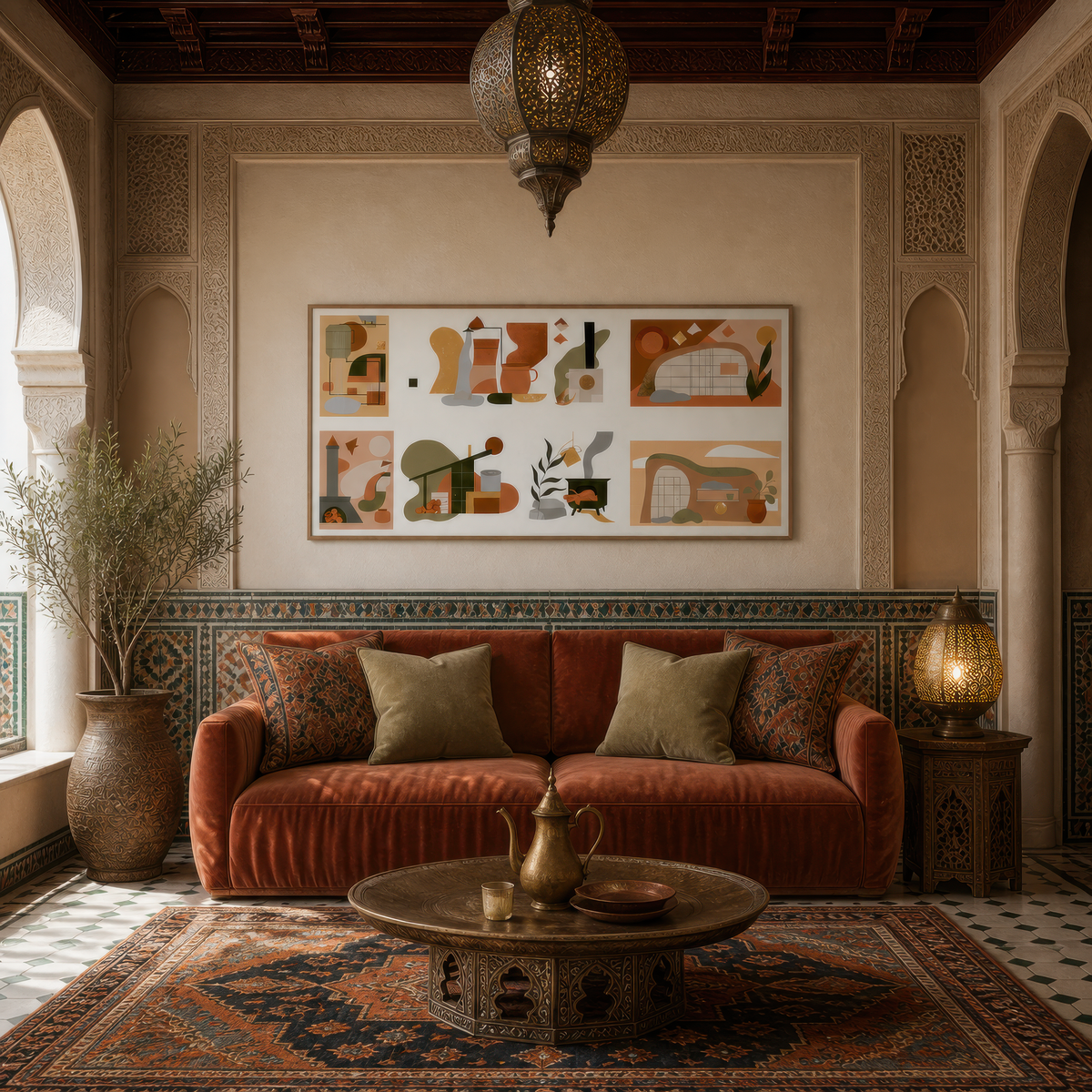 Terracotta geometric collage above a rust velvet sofa in a room with Moorish arches