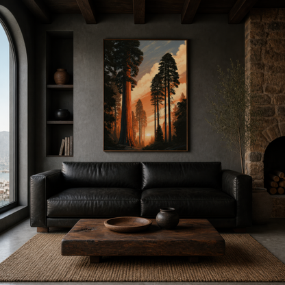 Giant Sequoia Trees at Sunset wall art print, alternate room view