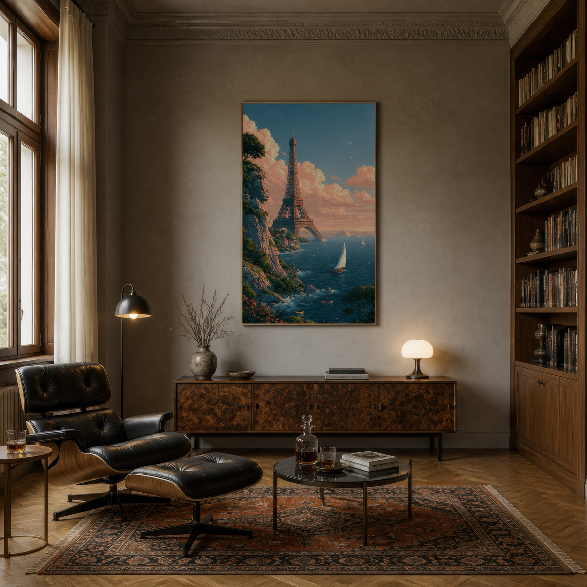 Eiffel Tower Sea Cliff Illustration wall art print, alternate room view