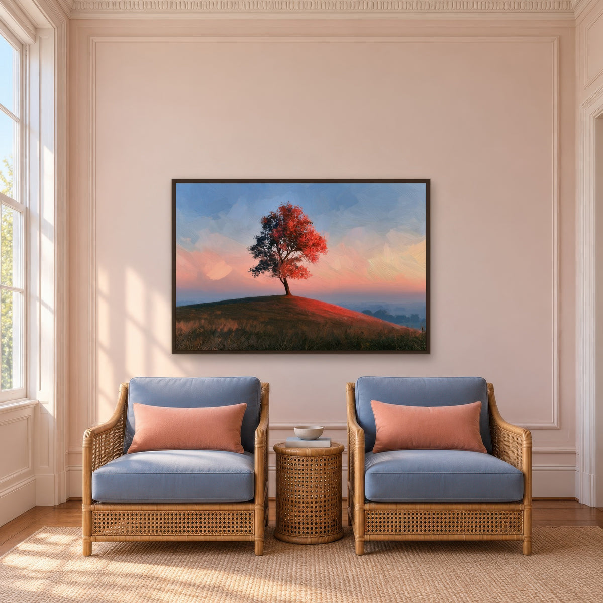 Lone Tree at Sunset impressionist wall art in a den