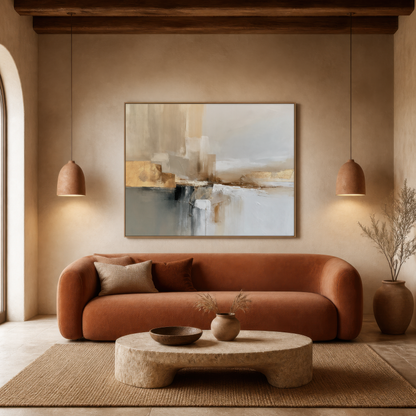 Large gray and gold abstract artwork above a rust velvet sofa between arches