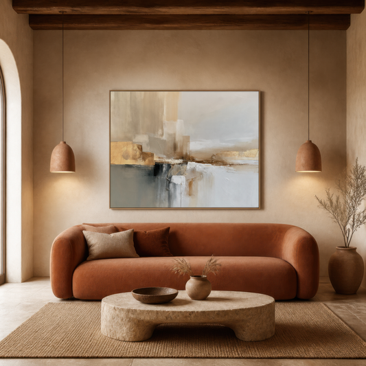 Large gray and gold abstract artwork above a rust velvet sofa between arches