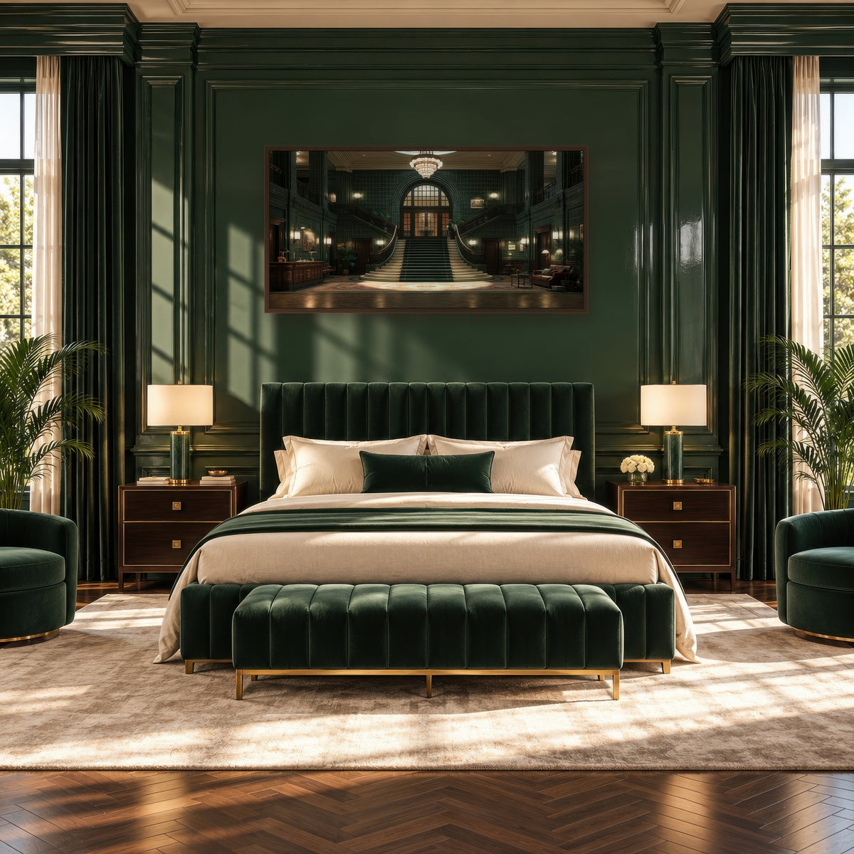 Emerald Deco Staircase art deco wall art in a bedroom