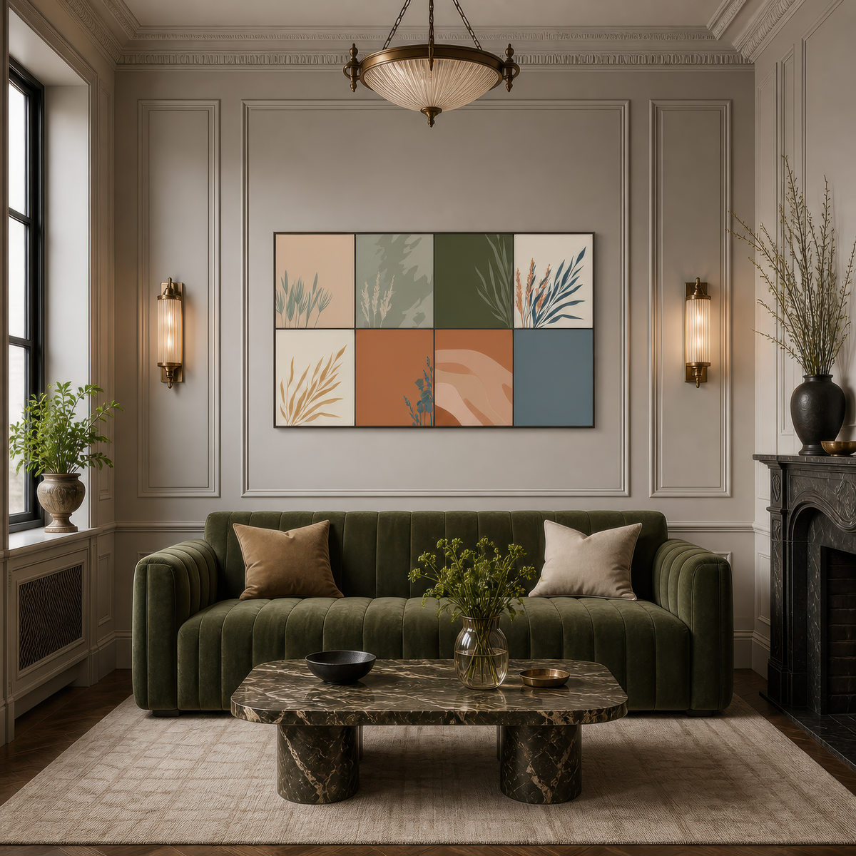 Botanical grass grid above an olive green sofa on a panelled wall with a marble table
