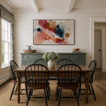 Watercolor splash abstract above a blue grey sideboard with a dining table and spindle chairs
