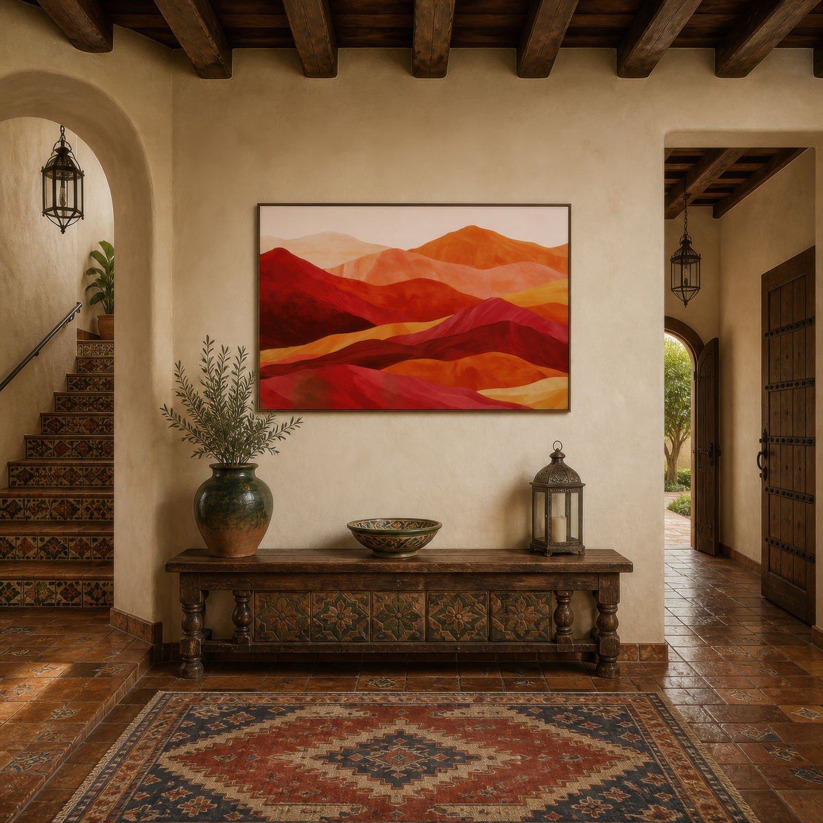 Layered Mountain Ridges in Red and Orange – Boho Wall Art