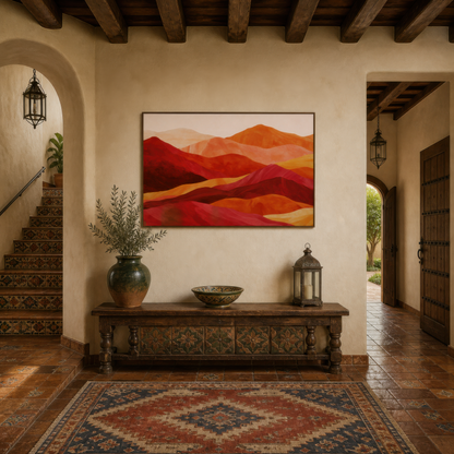 Red and orange mountain ridge artwork above a carved console in a plaster hallway with lanterns