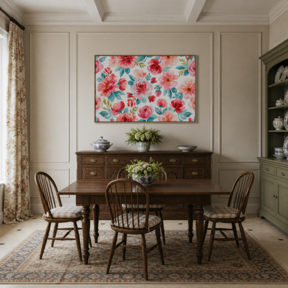 Pink and Teal Floral Pattern wall art print, alternate room view