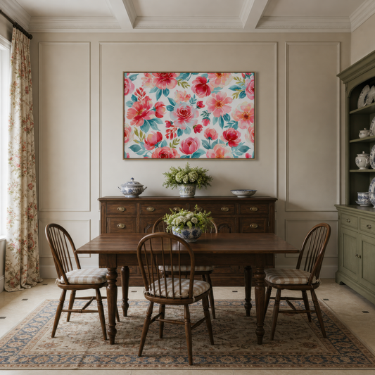 Pink and Teal Floral Pattern wall art print, alternate room view