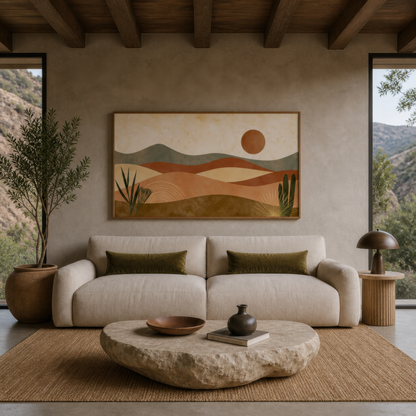 Terracotta desert waves above a cream sofa with a rough stone coffee table