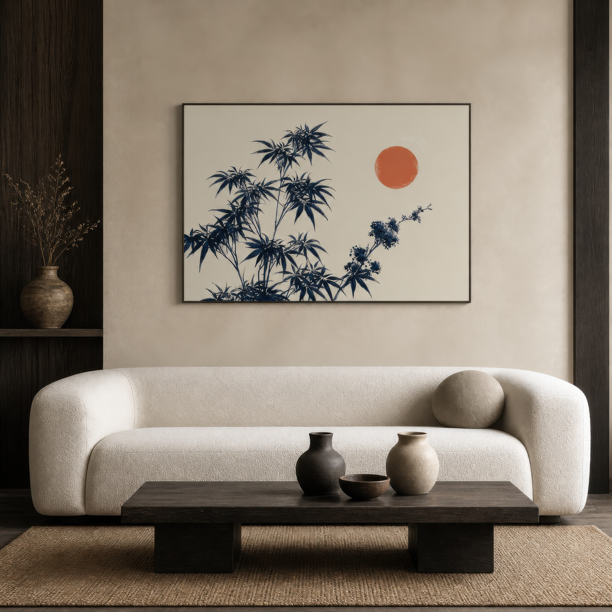 Indigo leaves and red sun above a cream curved sofa with a dark wood plinth table