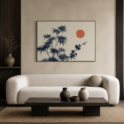 Indigo leaves and red sun above a cream curved sofa with a dark wood plinth table