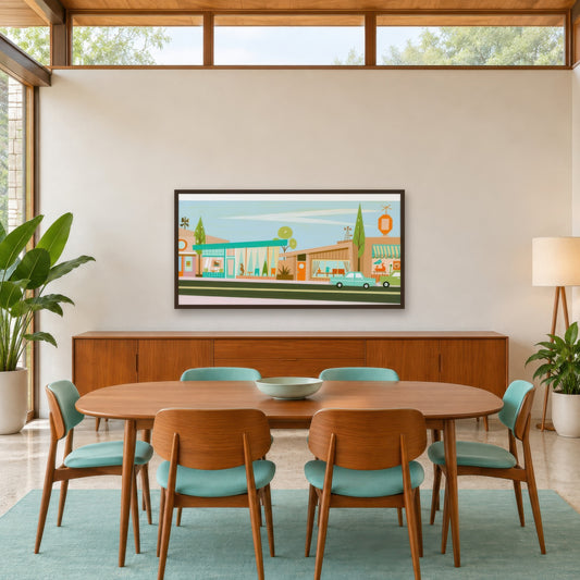 Retro Shopfront with a Teal Canopy mid-century modern wall art in a dining room