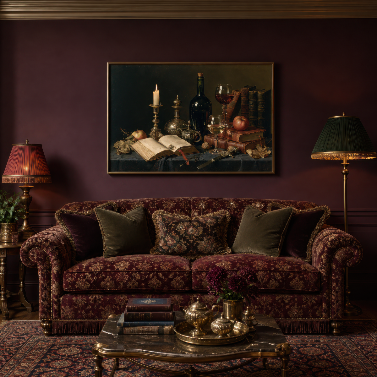 Inkwell reverie above a burgundy damask tufted sofa on a deep plum wall with brass lamps