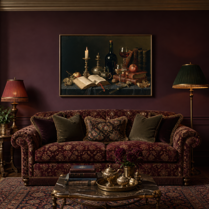 Inkwell reverie above a burgundy damask tufted sofa on a deep plum wall with brass lamps