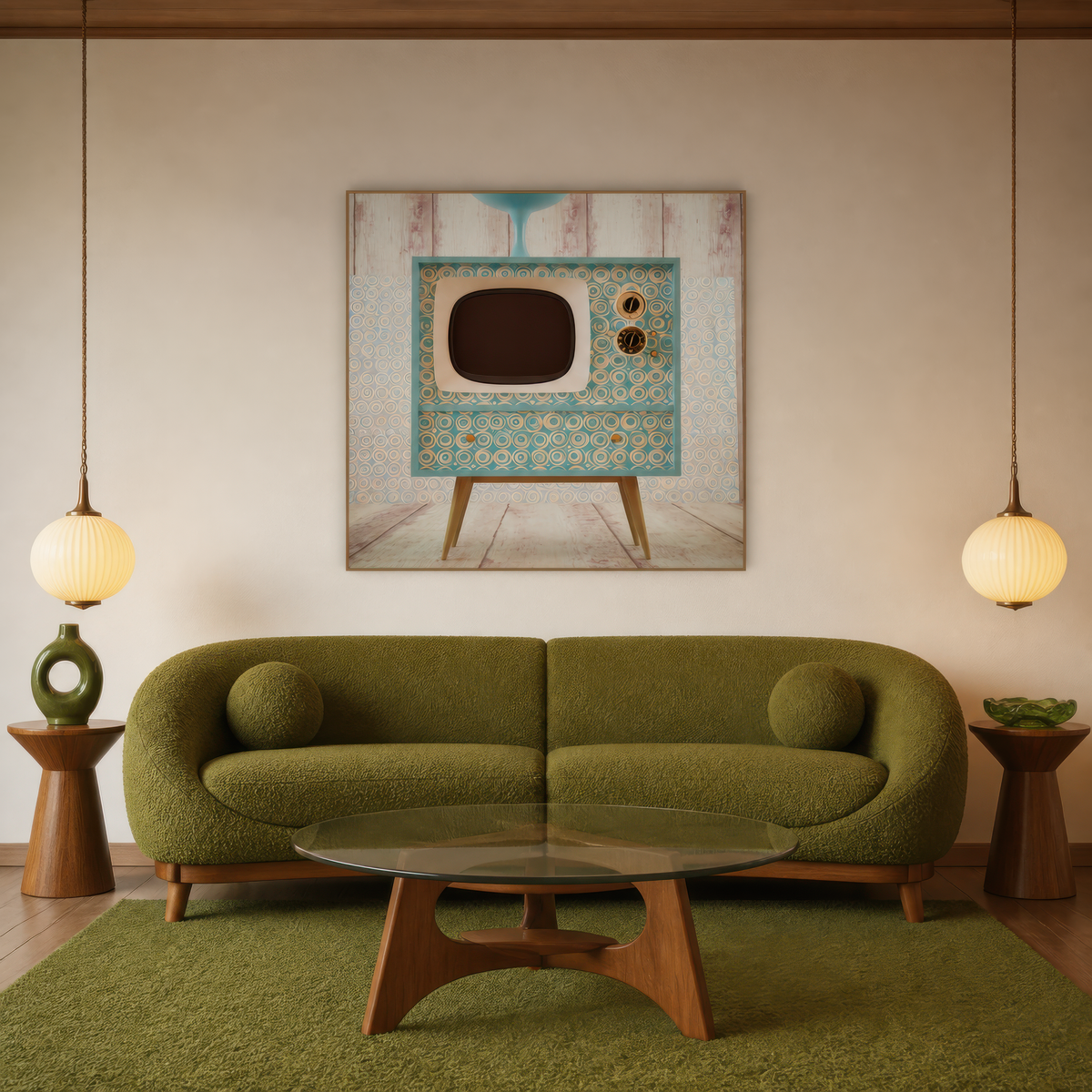 Retro TV Console on Whitewashed Wood wall art print staged in a room