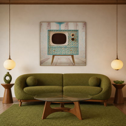 Retro TV Console on Whitewashed Wood wall art print staged in a room