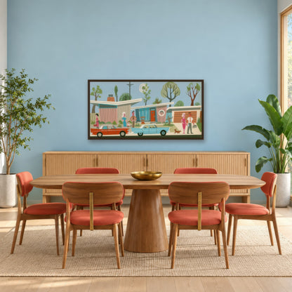 Retro Suburban Neighborhood Illustration mid-century modern wall art in a dining room