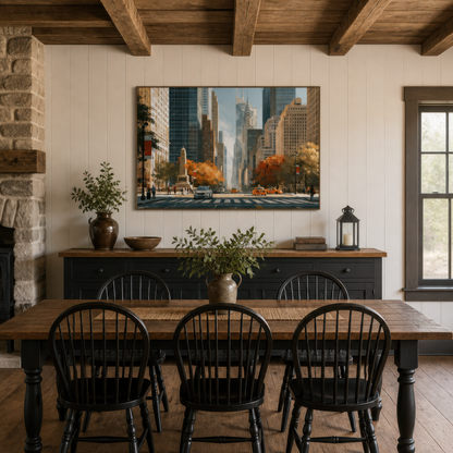 Manhattan street in autumn above a dark dining table with black Windsor chairs and wood beams