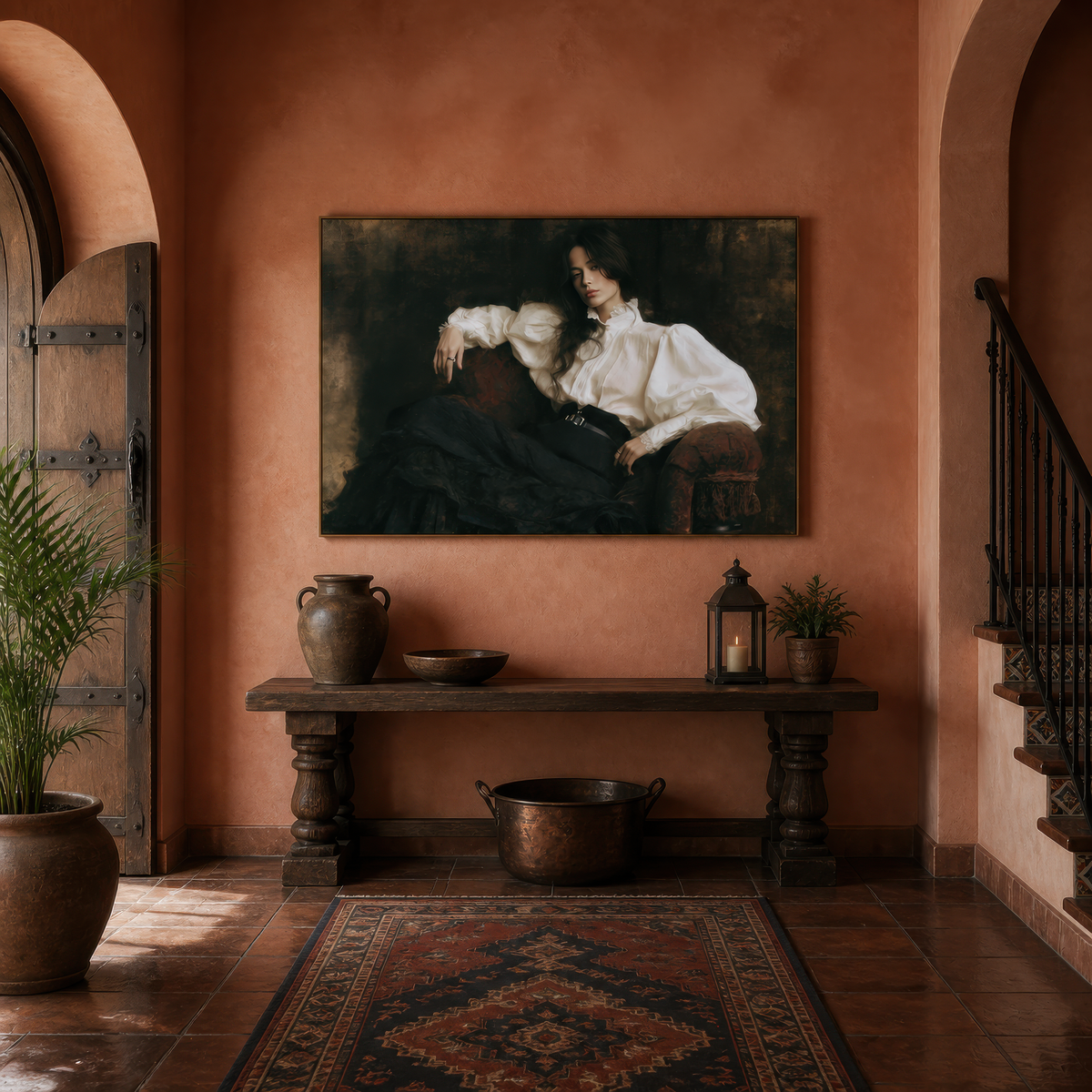 Portrait in repose above a carved wood console in a terracotta entryway with a Persian rug