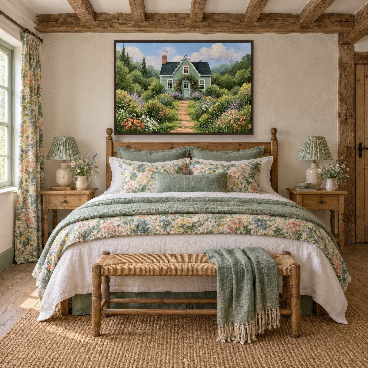 Sage Cottage Garden Path cottagecore wall art in a bedroom