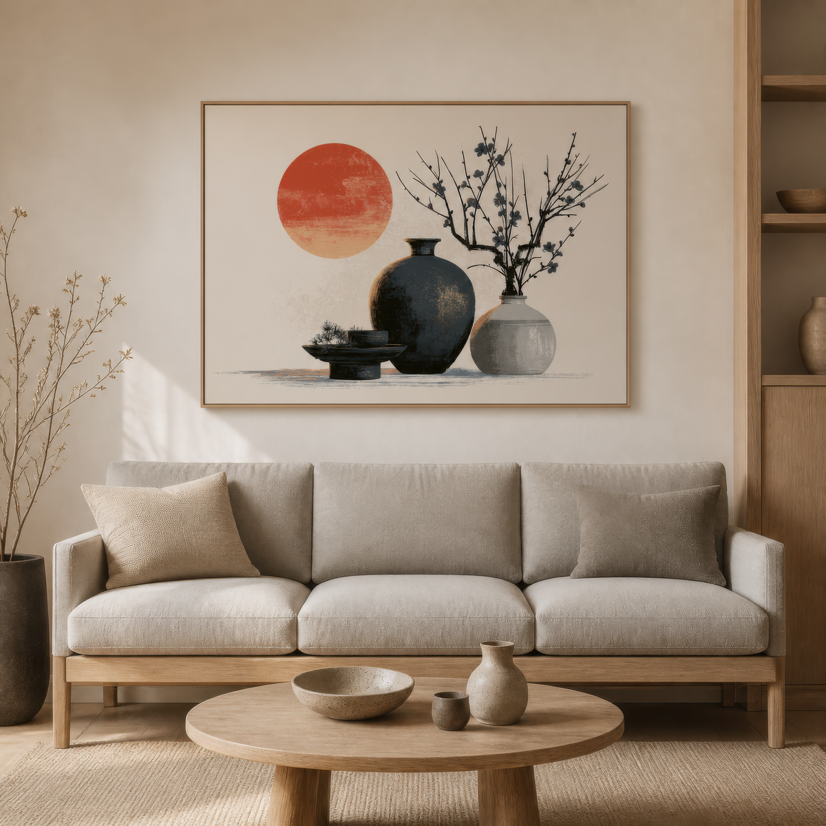Ceramic vessels and red sun above a cream sofa with a round pale wood coffee table