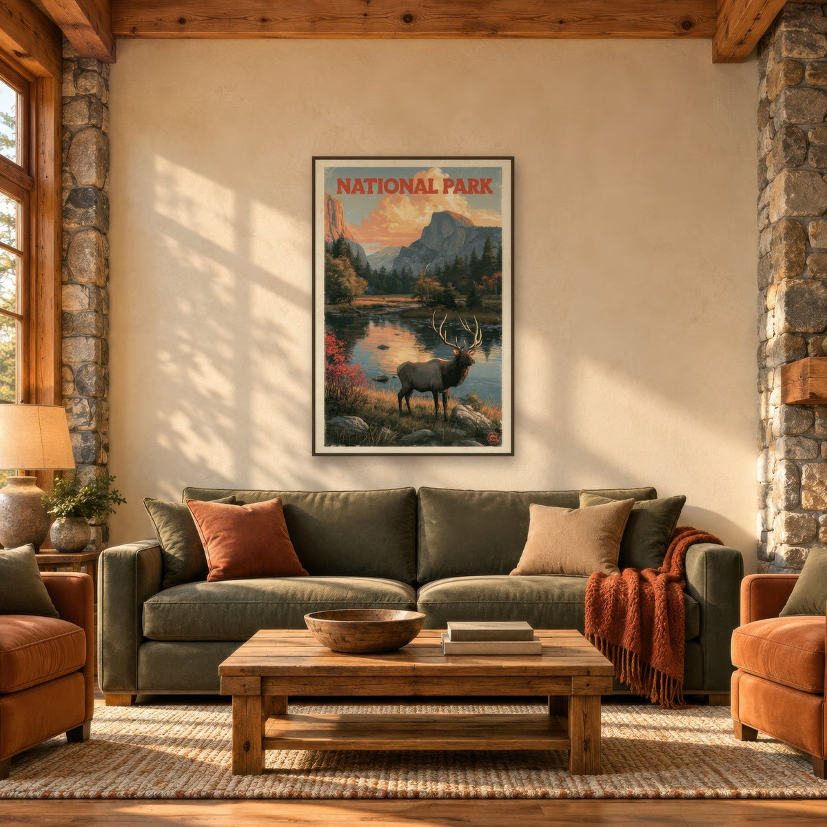 Half Dome Elk Vintage Poster national park wall art in a living room