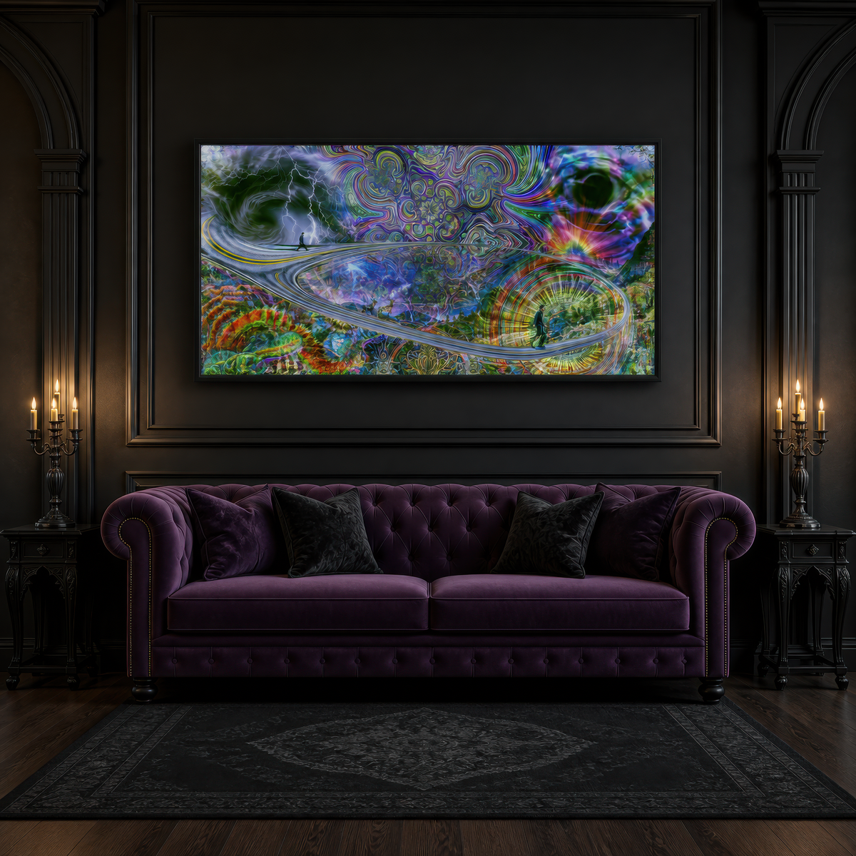 Psychedelic storm spiral above a plum tufted chesterfield on a black panelled wall