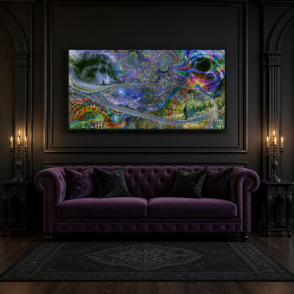 Psychedelic storm spiral above a plum tufted chesterfield on a black panelled wall