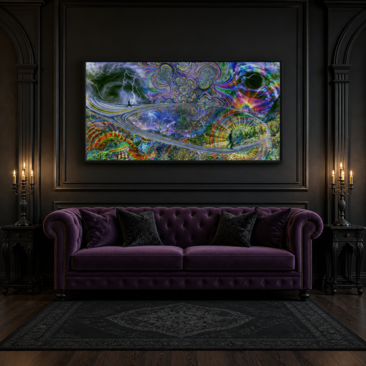 Psychedelic storm spiral above a plum tufted chesterfield on a black panelled wall
