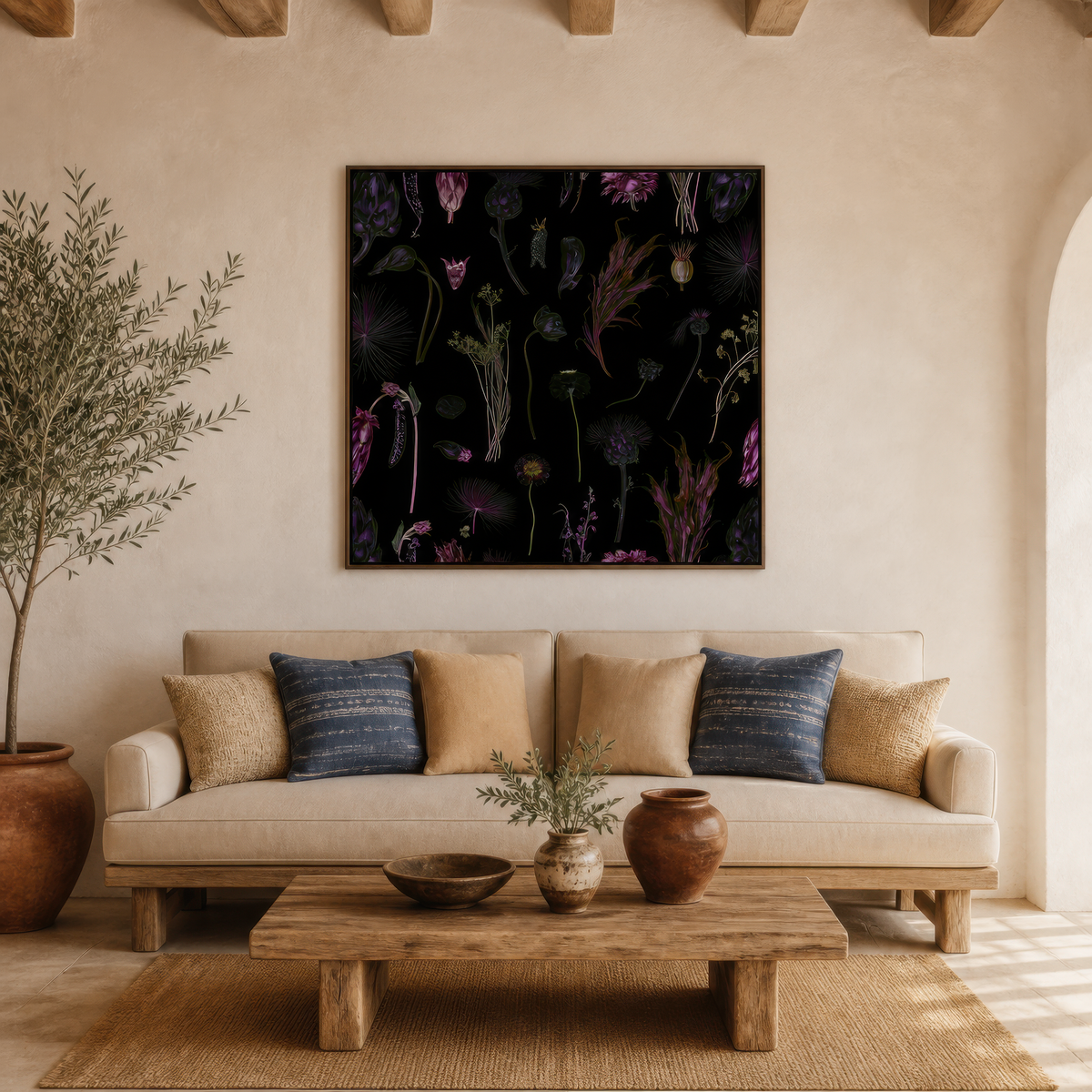 Dark Botanical Specimen Chart wall art print staged in a room