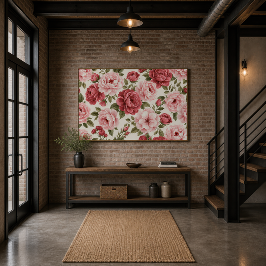 Dense Pink Rose Pattern wall art print, alternate room view