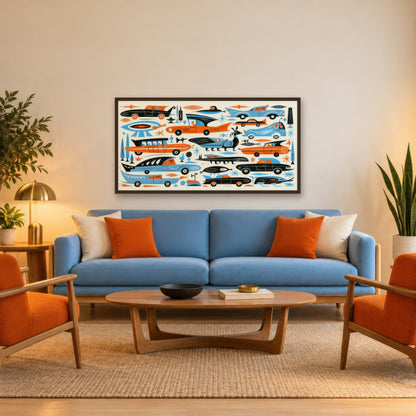 Retro Space Age Cars Pattern mid-century modern wall art in a living room