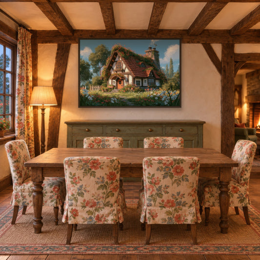 Red Tile Roof Cottage cottagecore wall art in a dining room