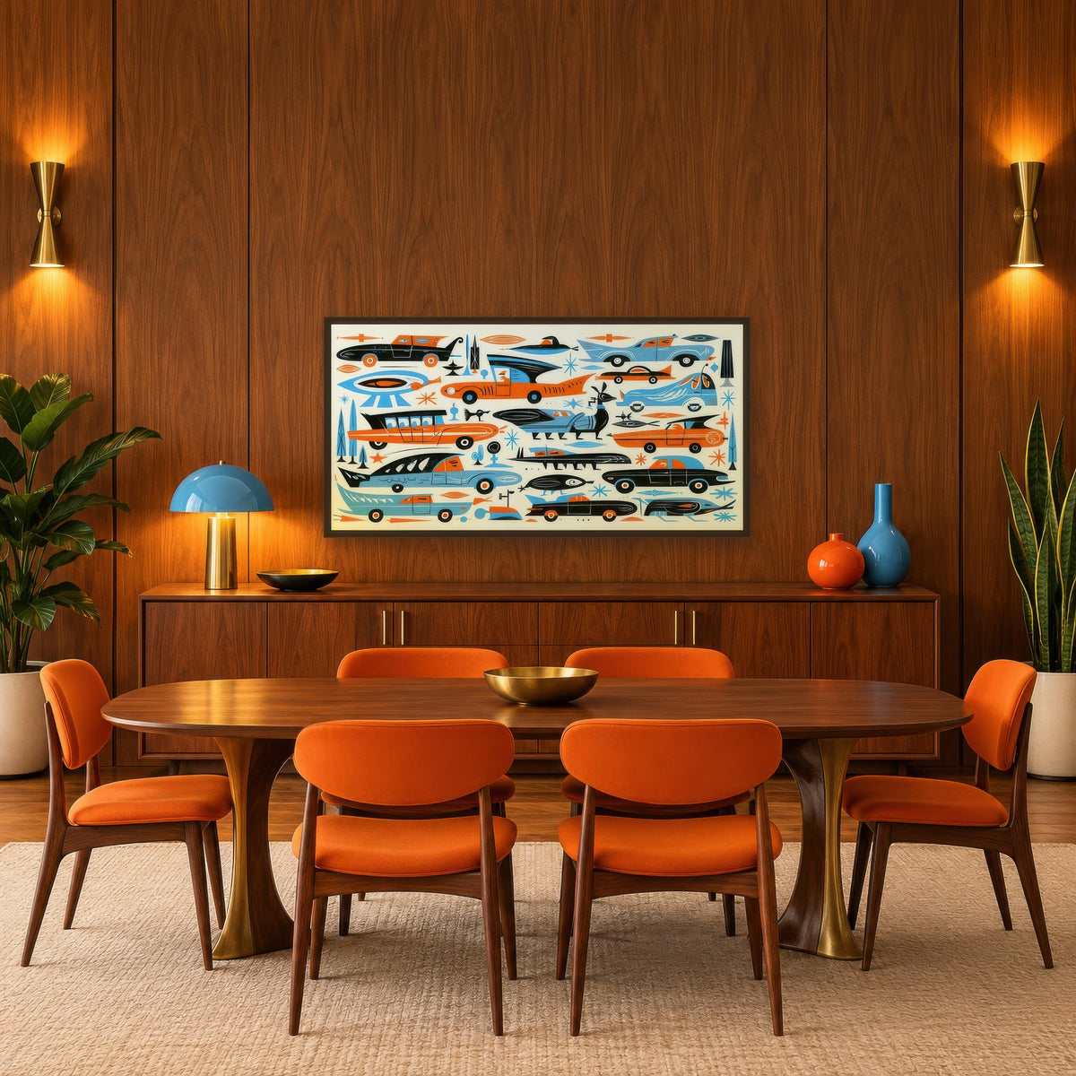 Retro Space Age Cars Pattern mid-century modern wall art in a dining room
