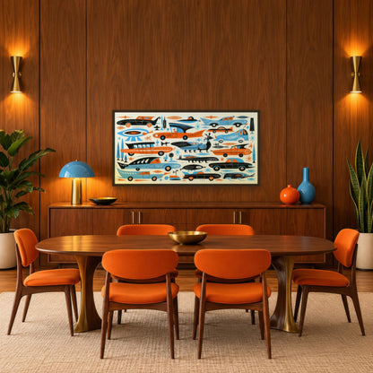 Retro Space Age Cars Pattern mid-century modern wall art in a dining room